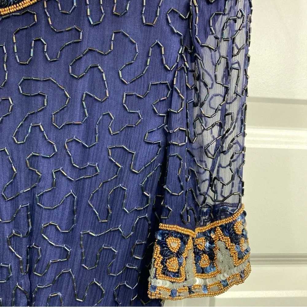Vintage Silk Lawrence Kazar Embellished Beaded Sequined Sheath Dress Blue Gold M - Picture 3 of 8